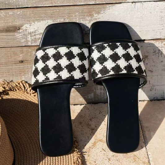 Plaid Open Toe Flat Sandals