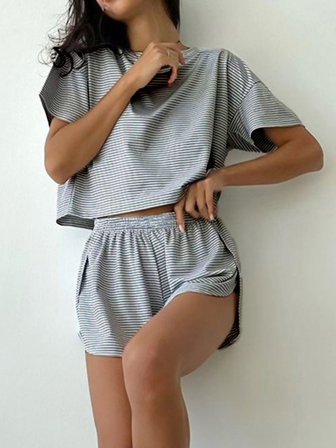 Stripe Round Neck Top and Shorts Set