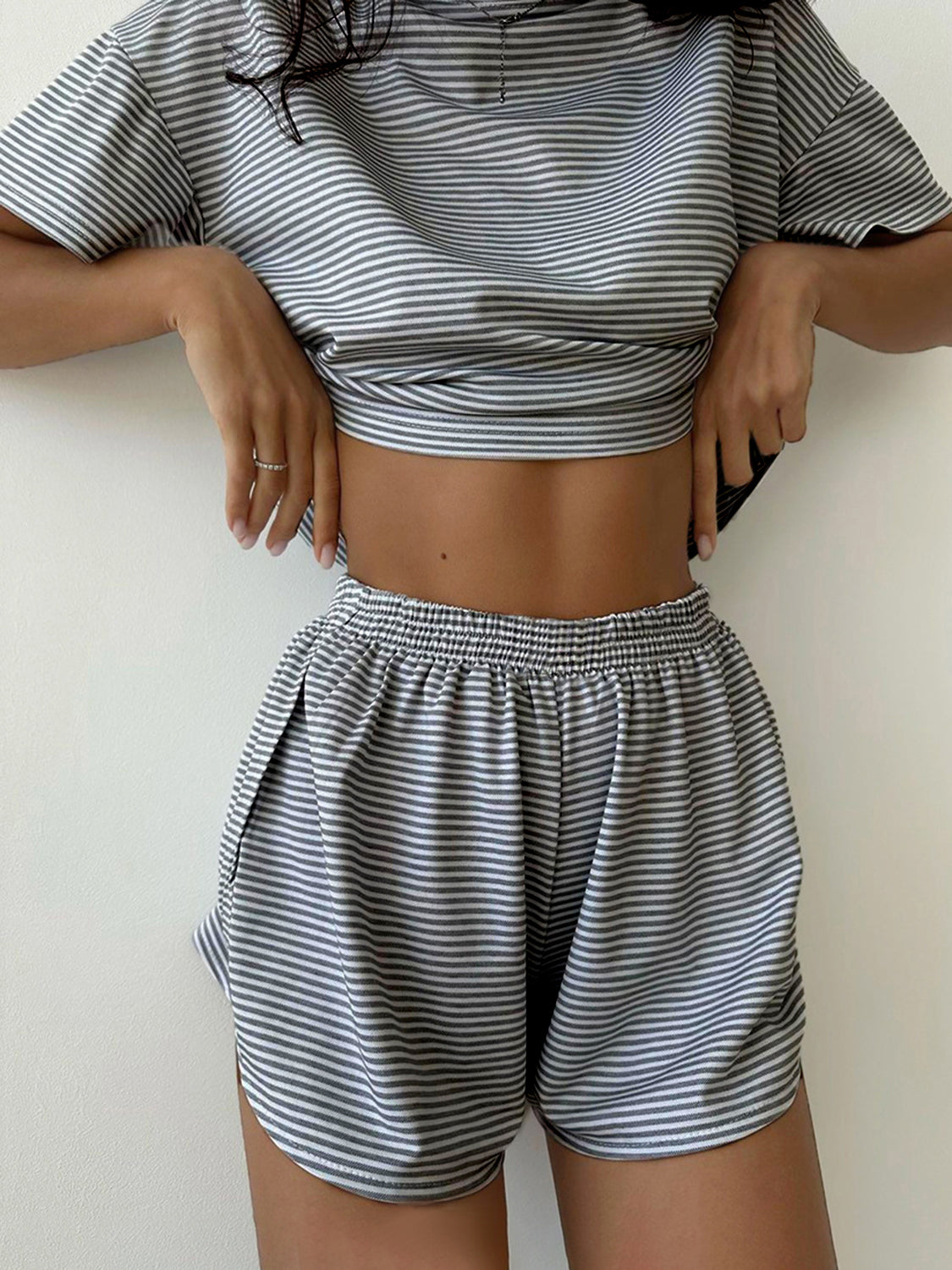 Stripe Round Neck Top and Shorts Set