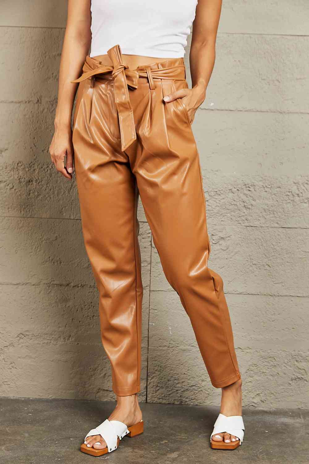 Ochre Faux Leather Paperbag Waist Pants