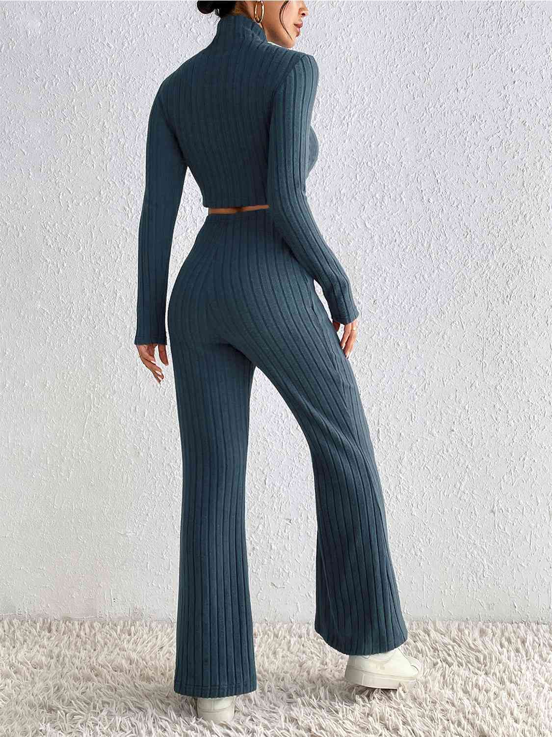 Ribbed Cropped Sweater & High Waist Pants Set