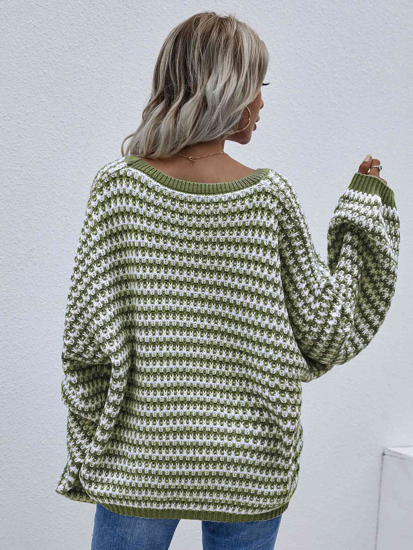 Striped Drop Shoulder V Neck Sweater