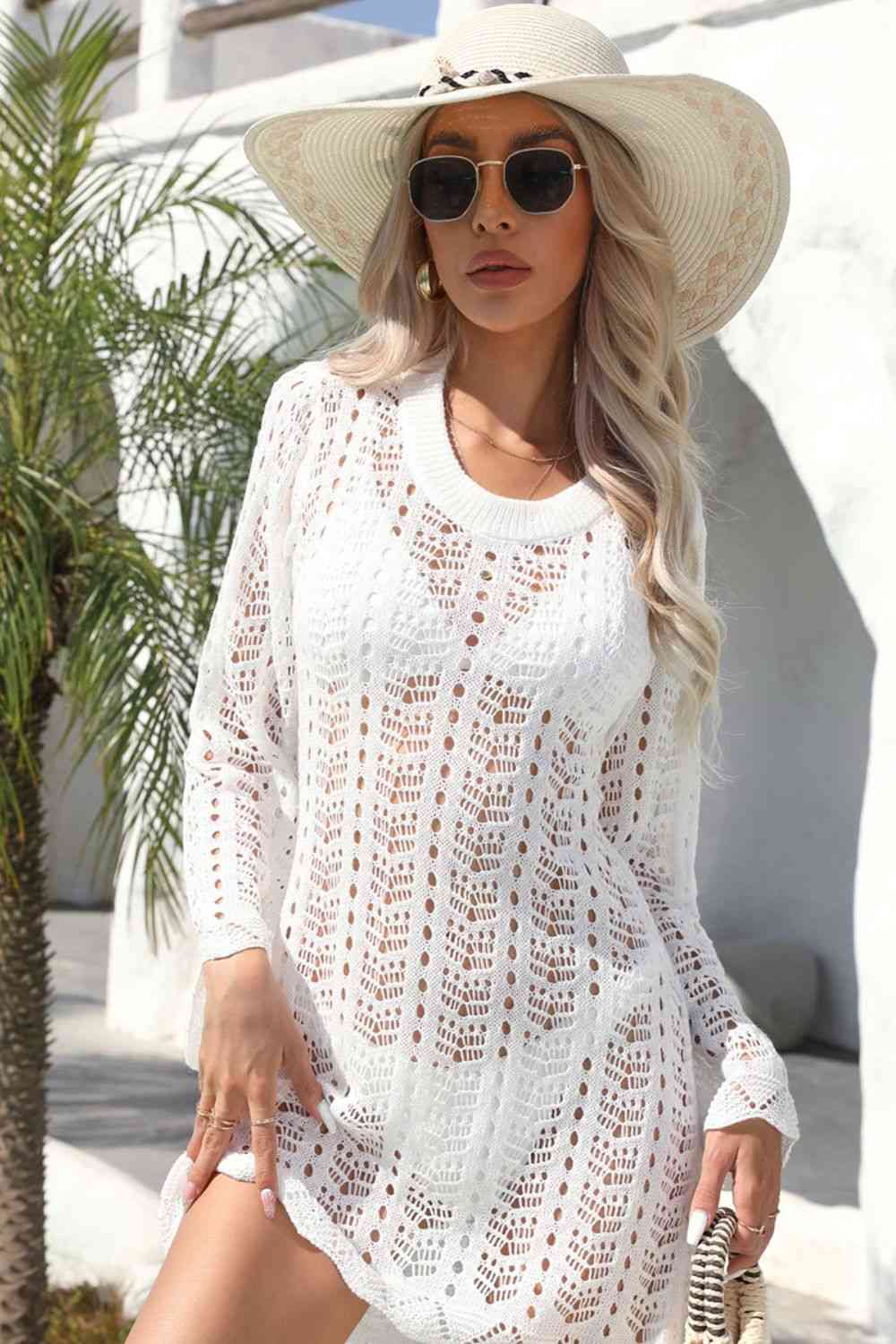 Scalloped Trim Long Sleeve Cover Up Dress