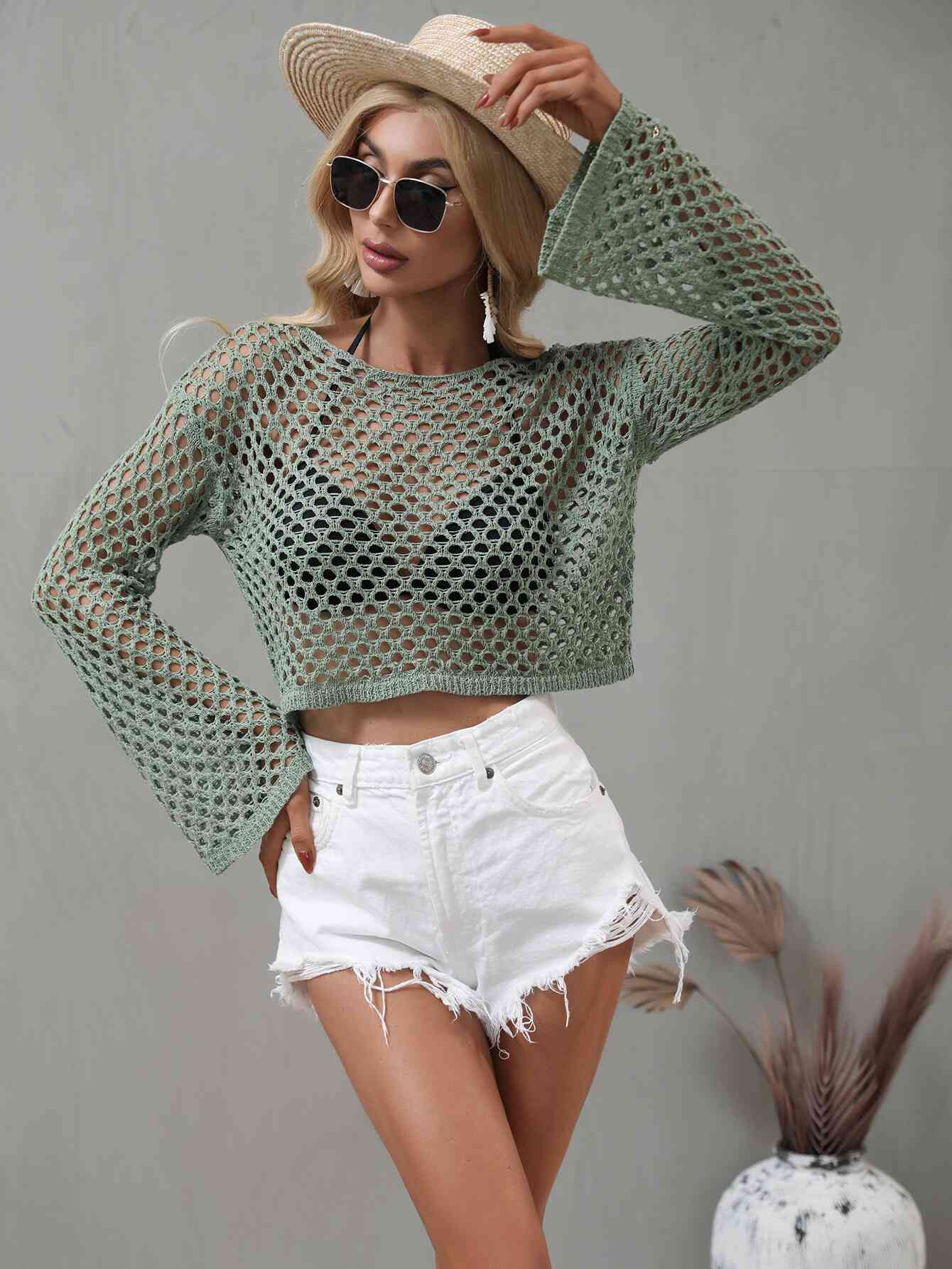 Flare Sleeve Cropped Cover Up