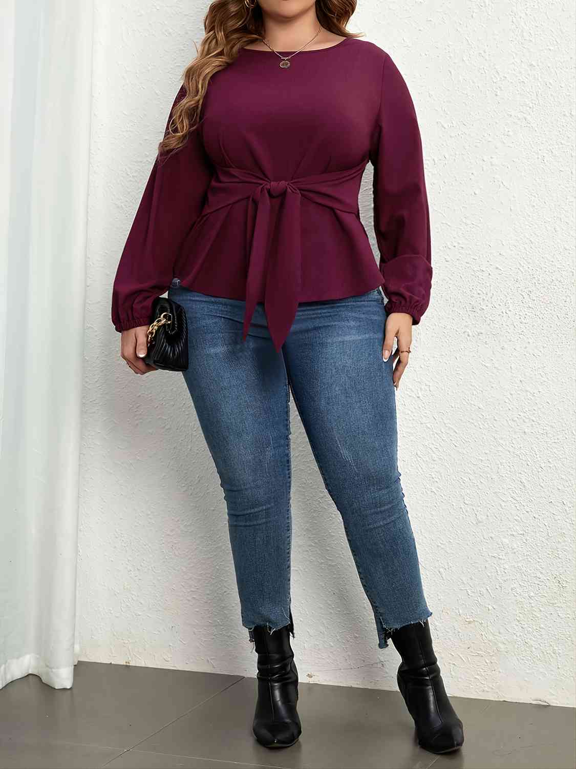Plus Size Tie Front Long Sleeve Shirt