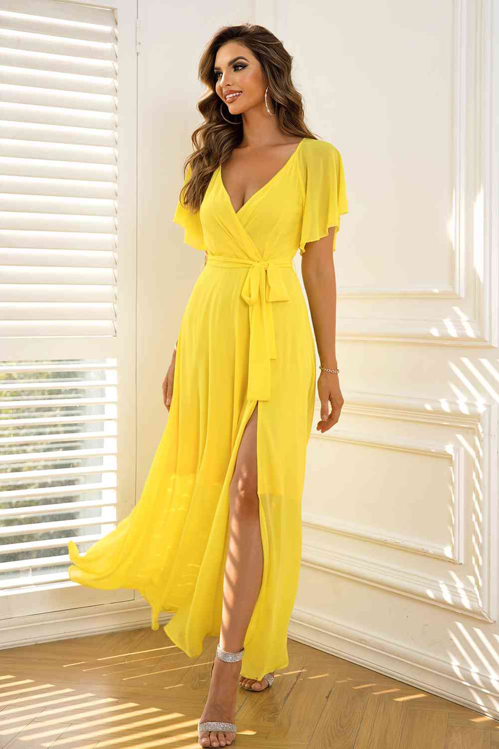 Lemon Flutter Sleeve Maxi Dress
