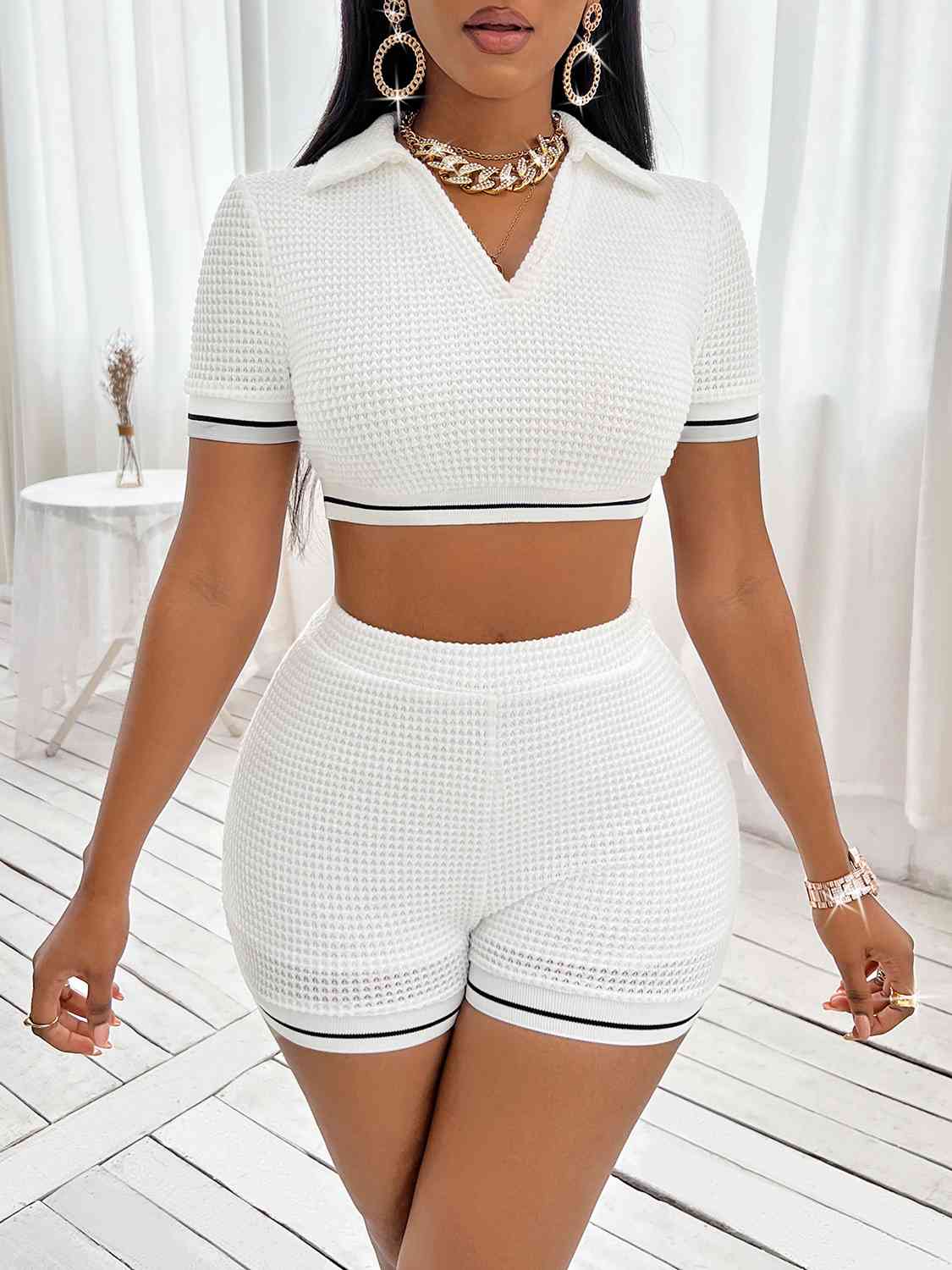 Waffle Knit Cropped Top and Shorts Set