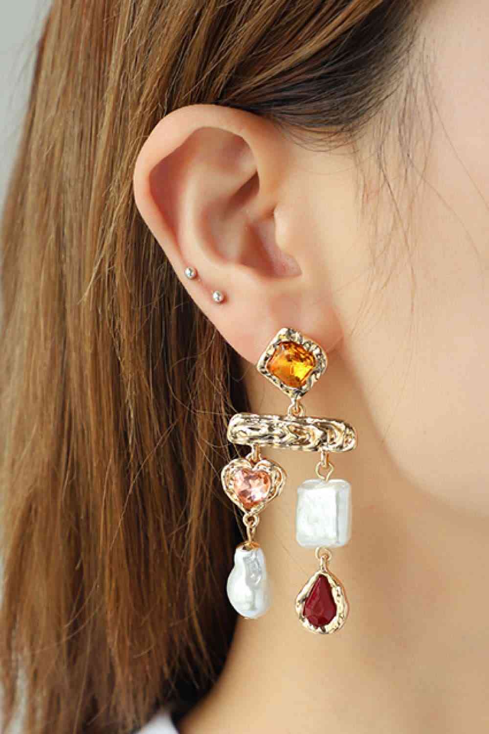 Glass Stone Pearl Dangle Earrings