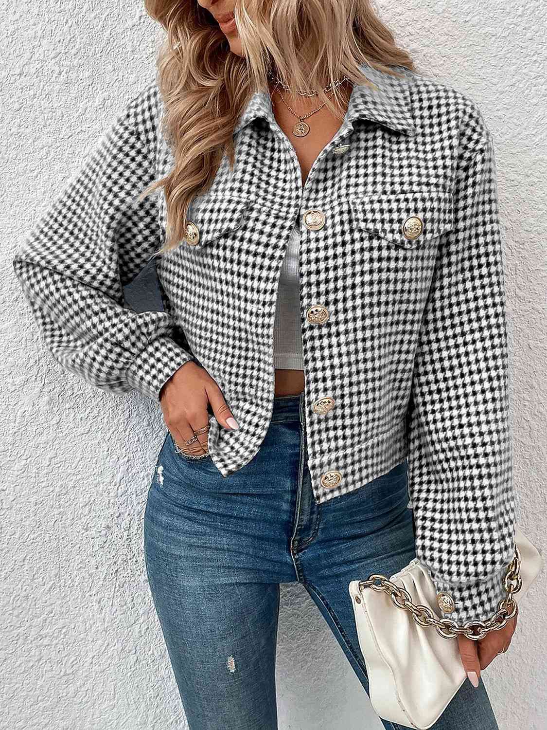 Plaid Print Collared Neck Button Up Jacket