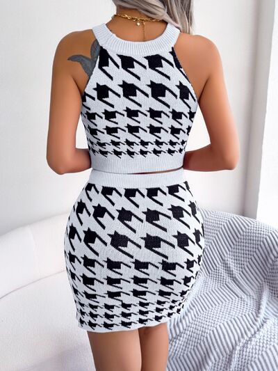 Checkered Sleeveless Top and Skirt Sweater Set