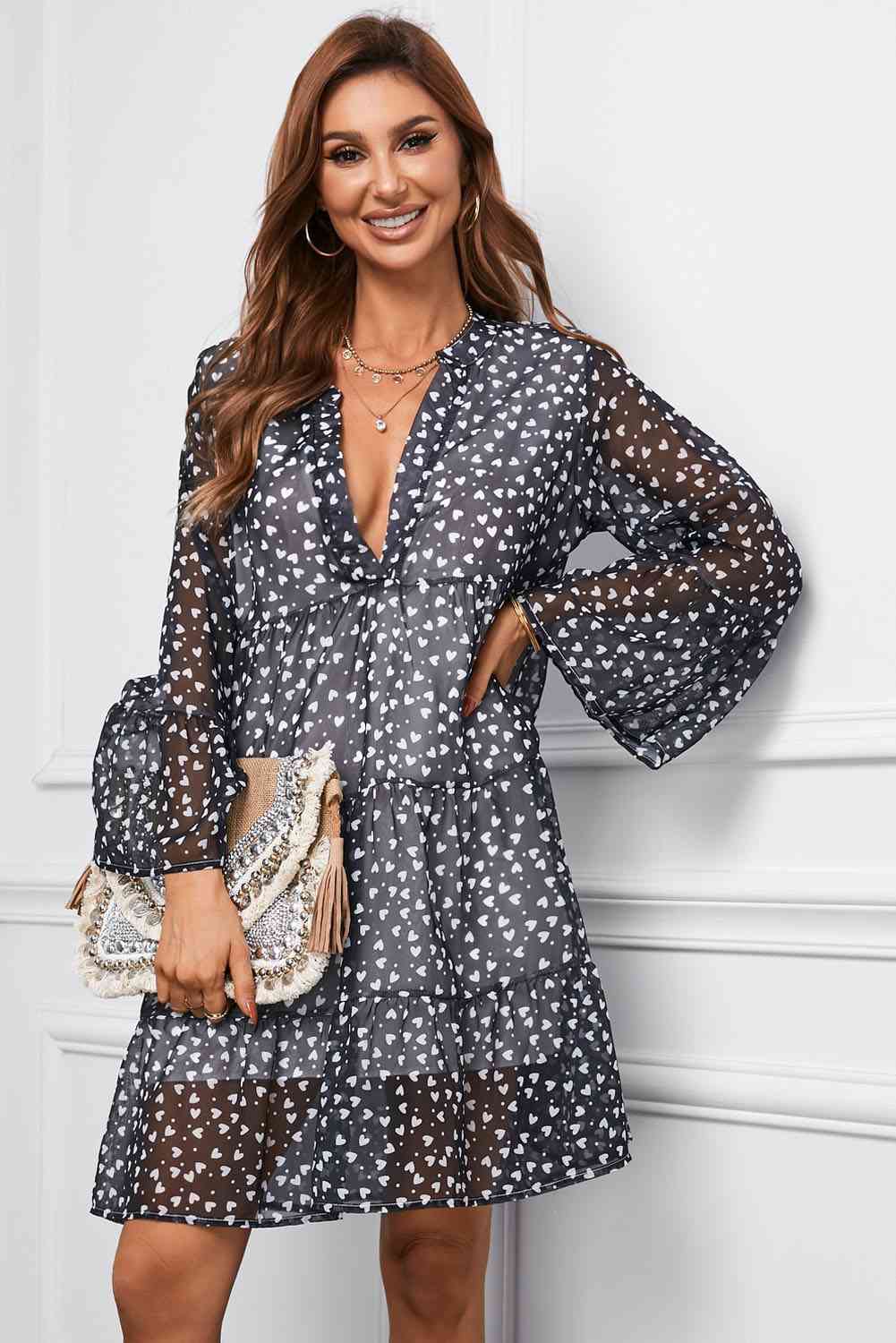 Printed Notched Flare Sleeve Tiered Dress