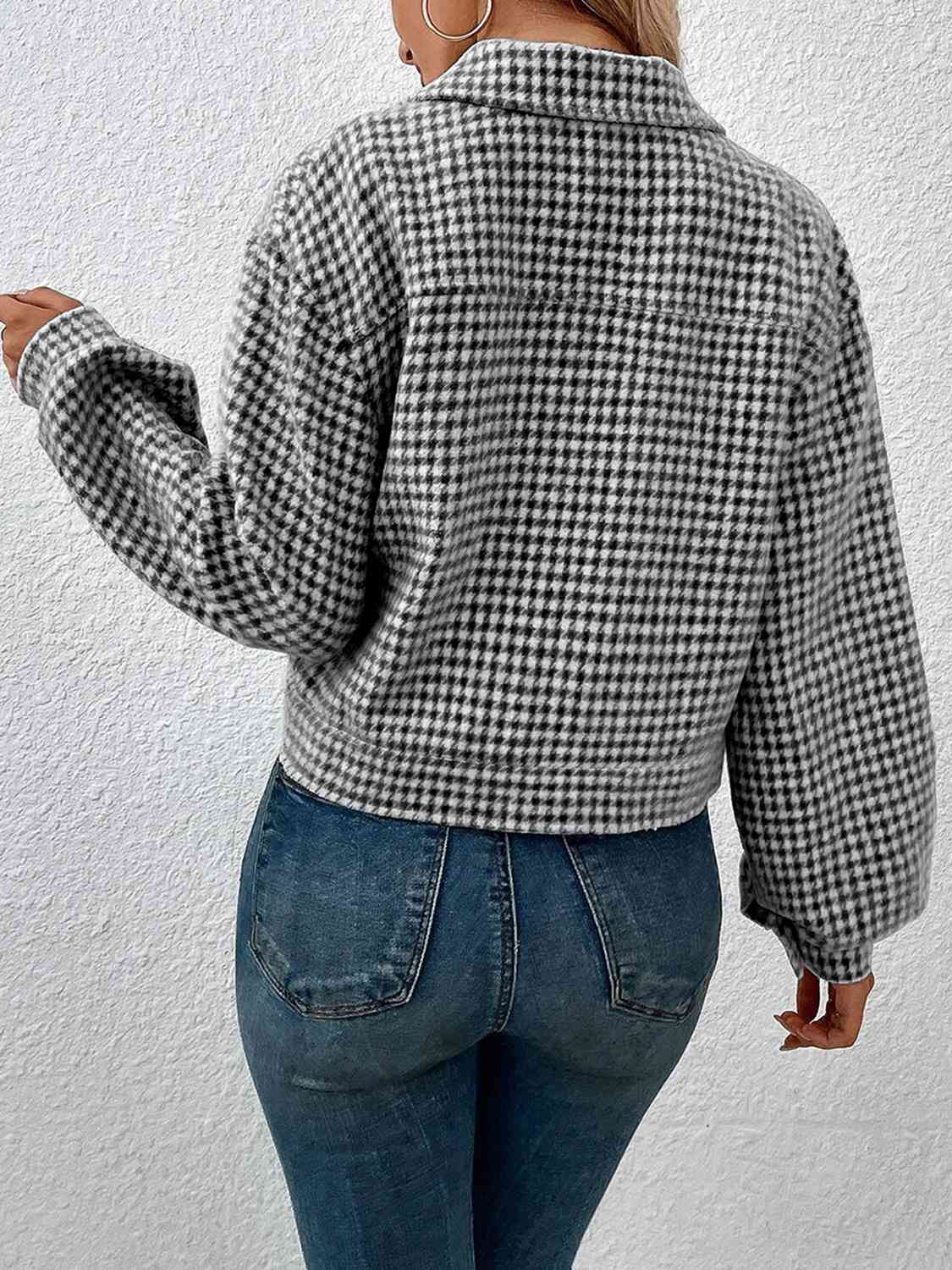 Plaid Print Collared Neck Button Up Jacket