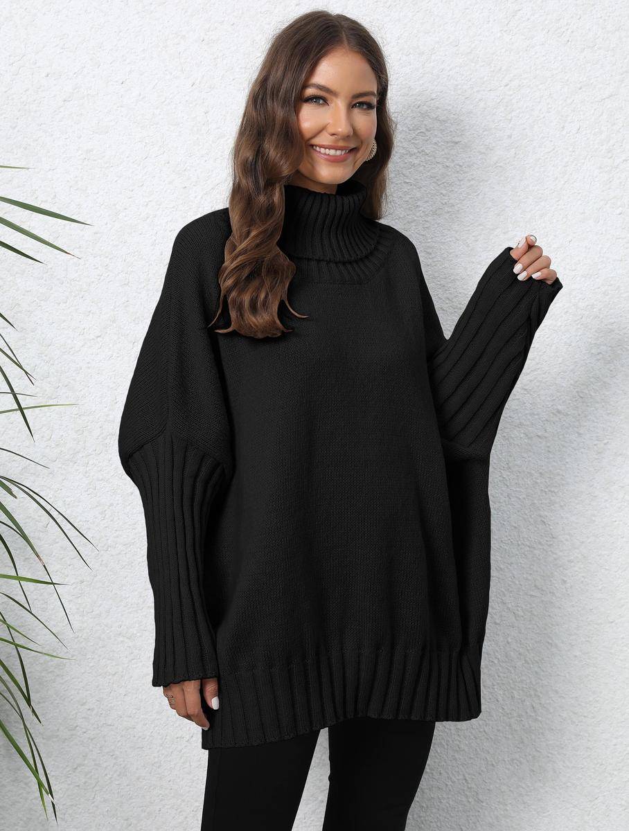 Solid Turtleneck Batwing Sleeve Sweater