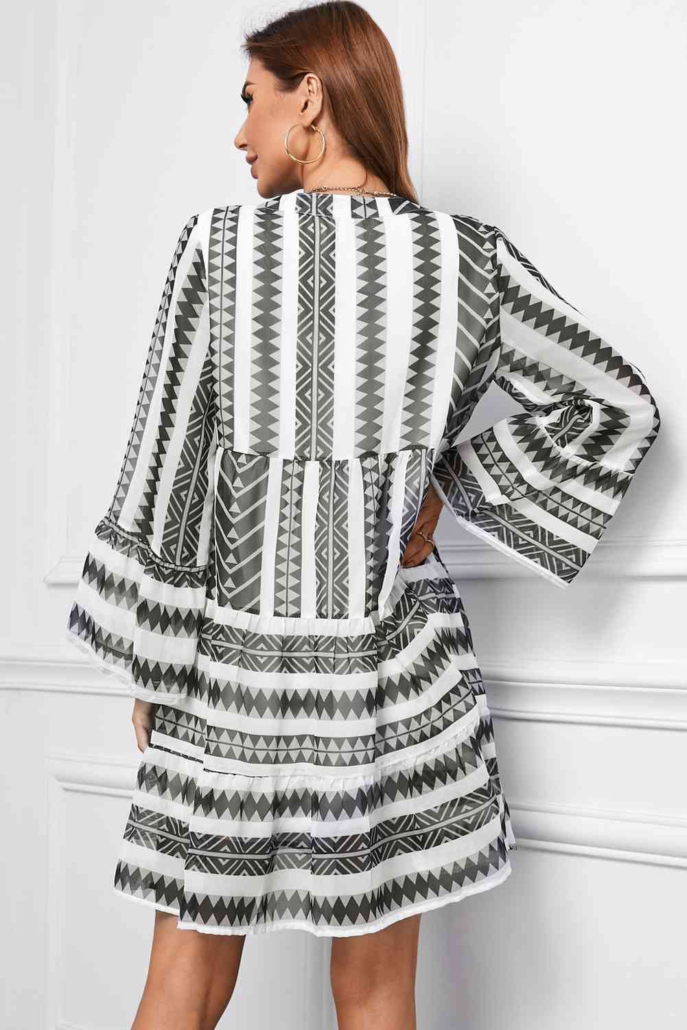 Printed Notched Flare Sleeve Tiered Dress