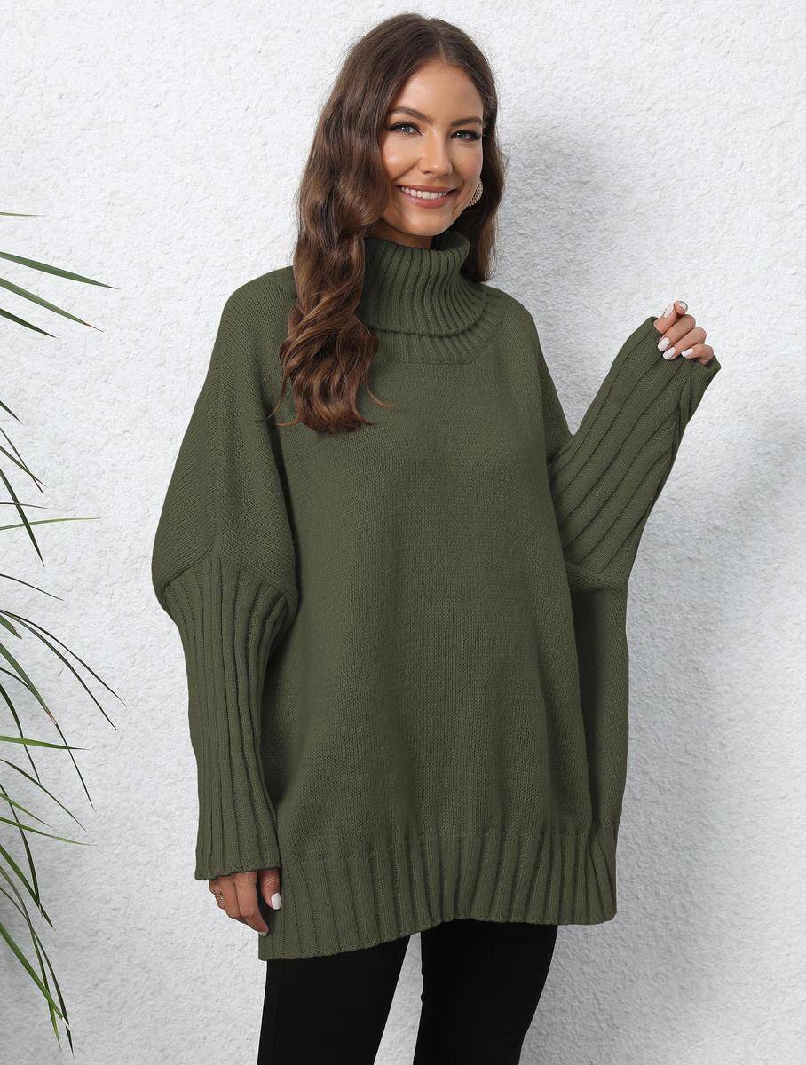 Solid Turtleneck Batwing Sleeve Sweater