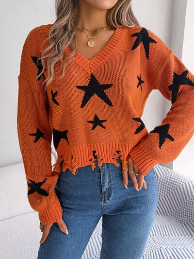 Star Pattern Distressed Cropped Sweater