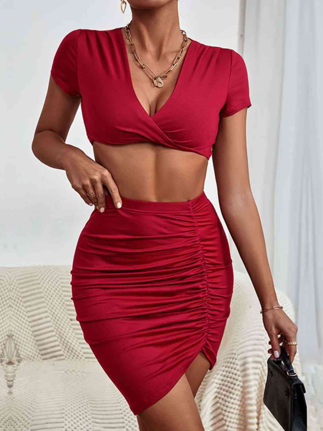 Twisted Deep Cropped Top and Skirt Set