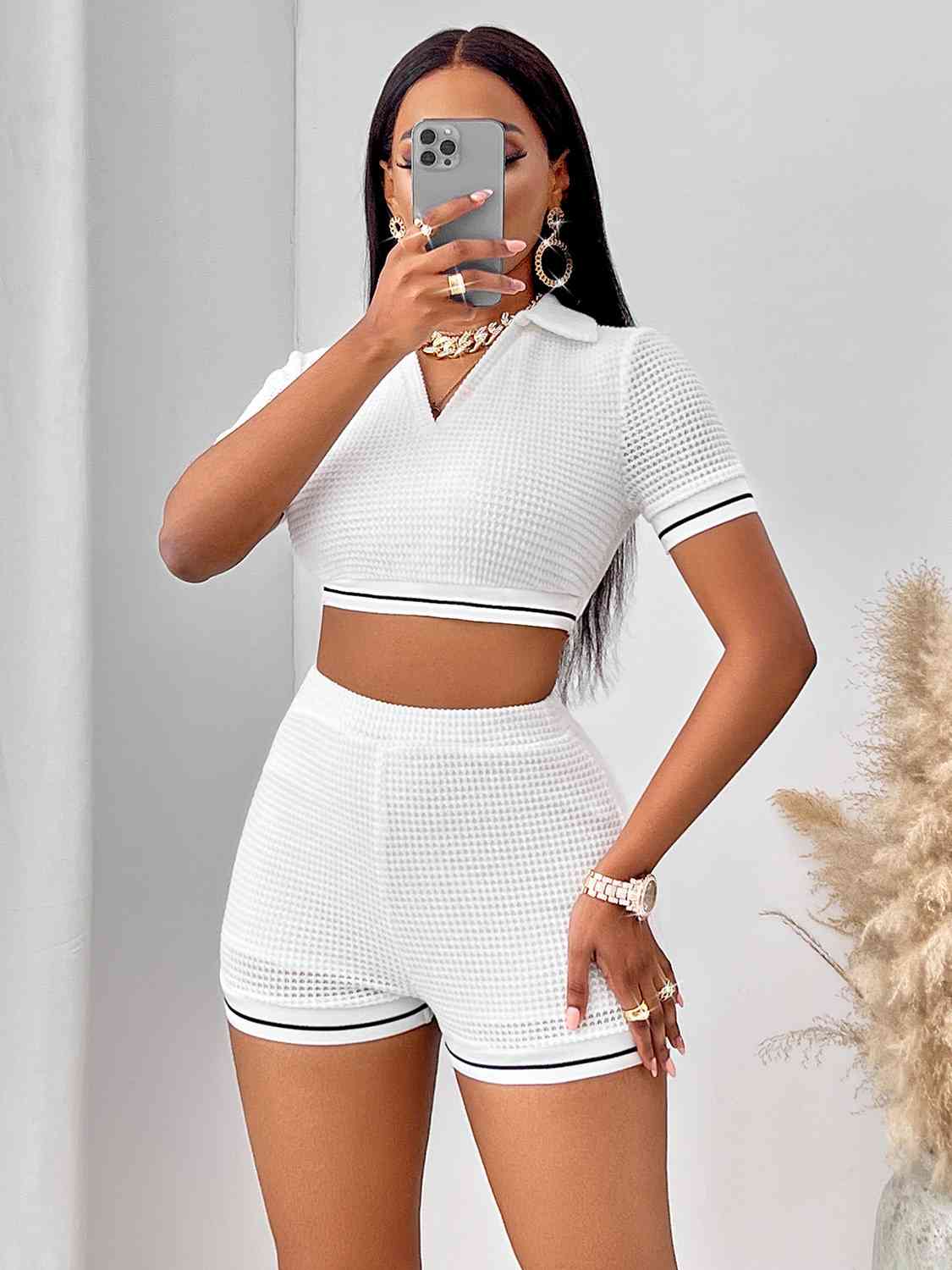 Waffle Knit Cropped Top and Shorts Set