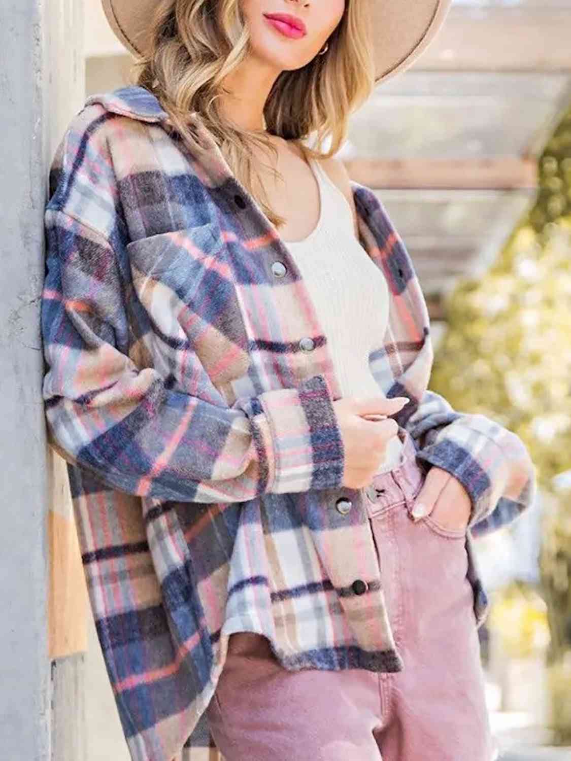 Snap Up Plaid Collared Neck Jacket