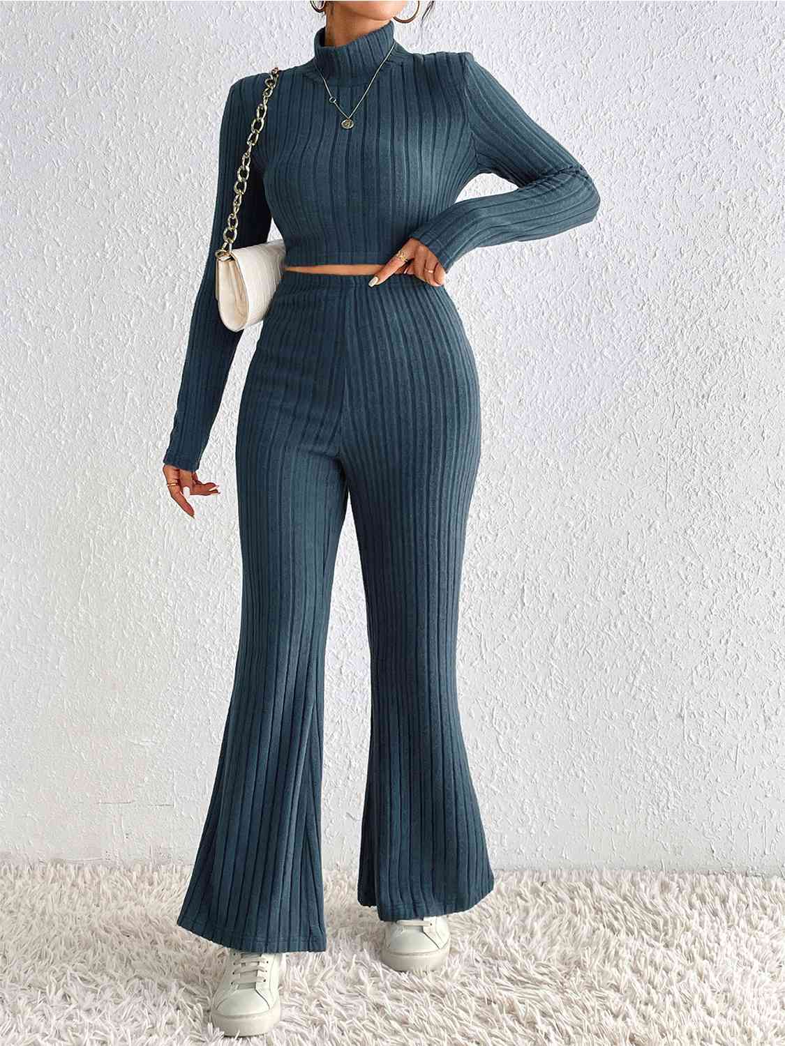 Ribbed Cropped Sweater & High Waist Pants Set