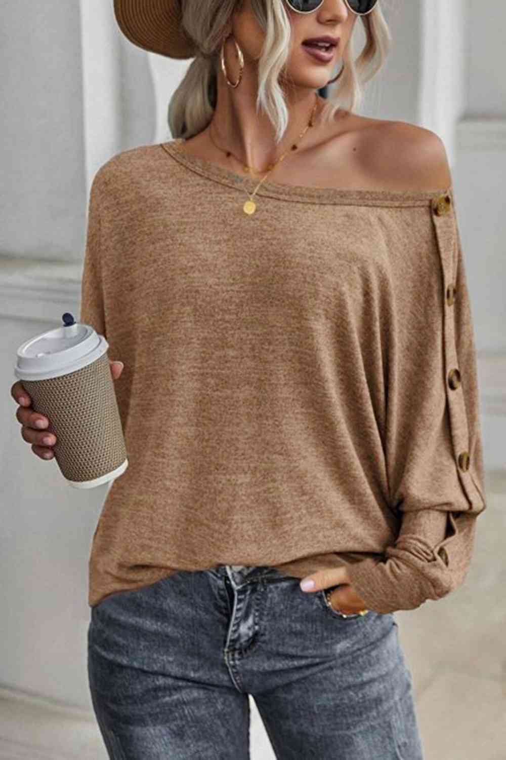 Boat Neck Buttoned Long Sleeve Shirt