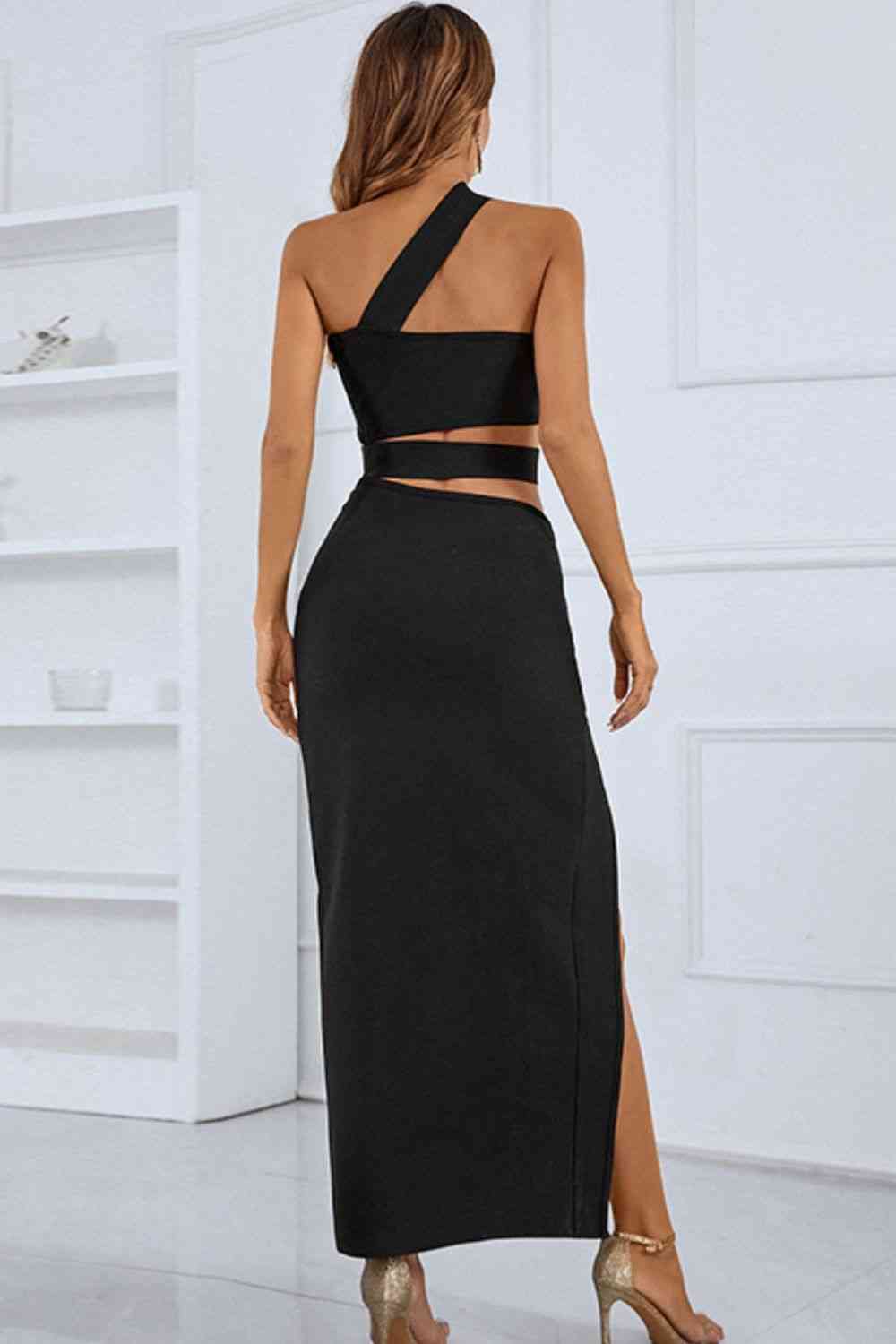 One Shoulder Cutout Front Split Maxi Dress