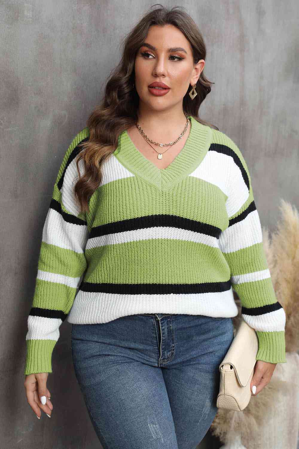 Plus Size Stripe Dropped Shoulder Sweater
