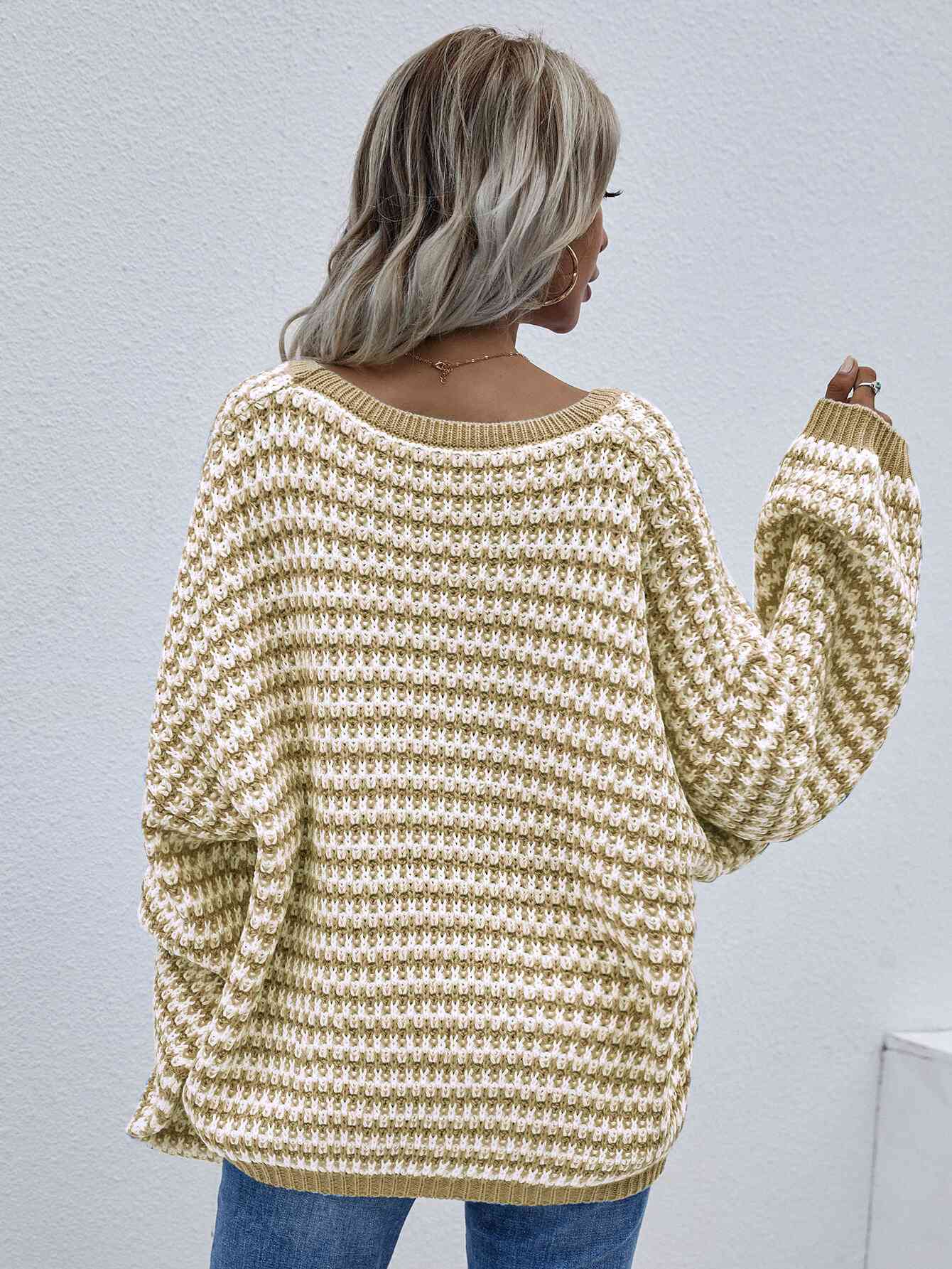 Striped Drop Shoulder V Neck Sweater