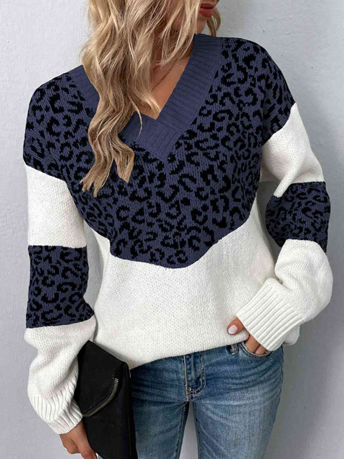 Leopard V Neck Dropped Shoulder Sweater