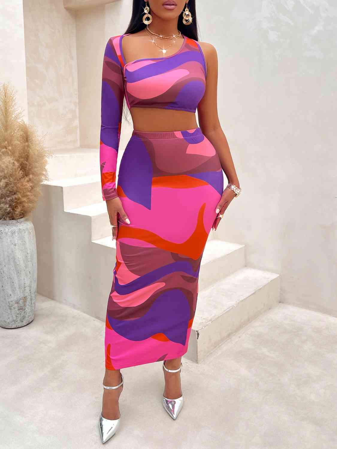 Print Cropped Top and Slit Skirt Set