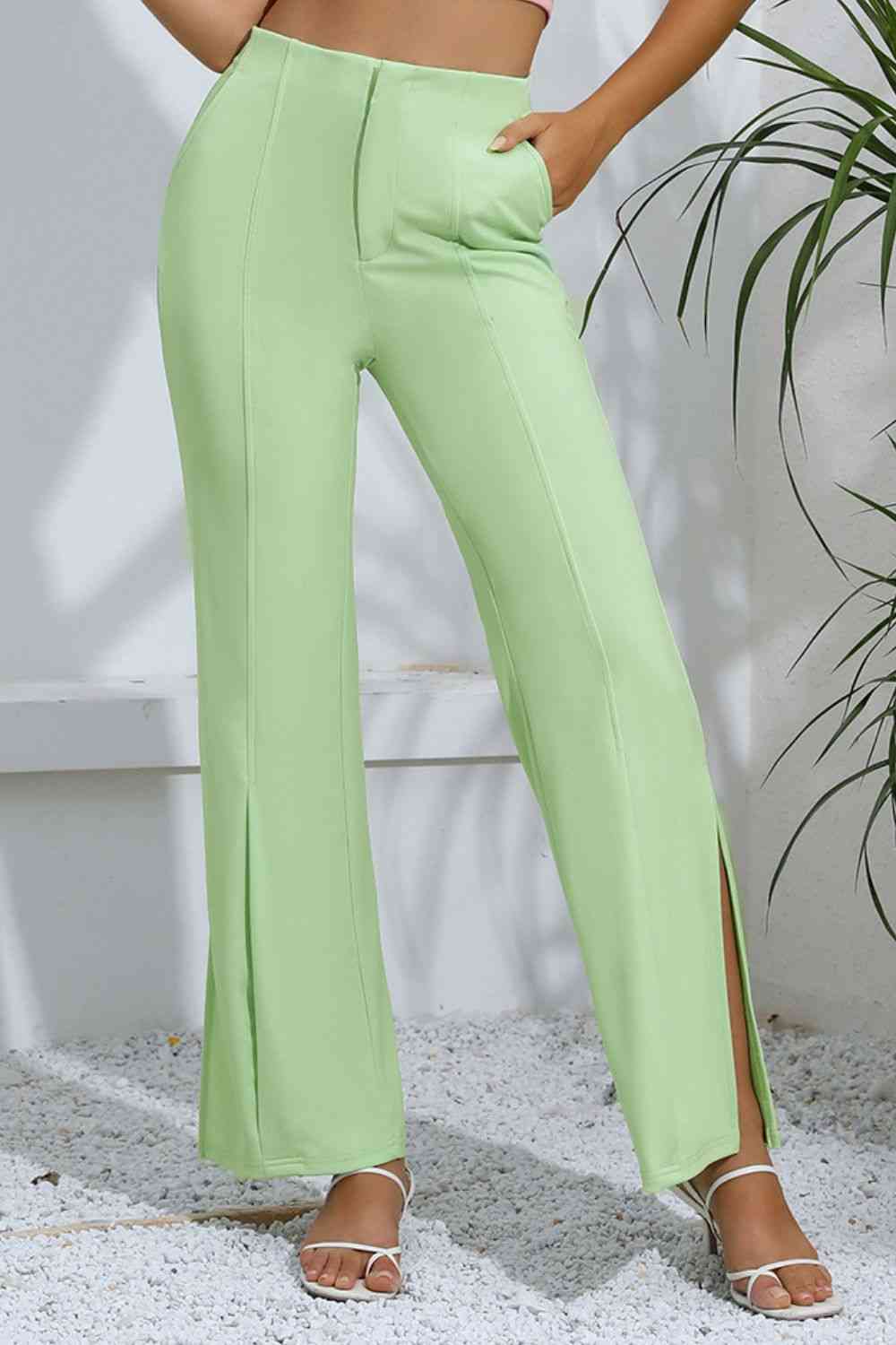 Mint Green Slit High Rise Flare Pants