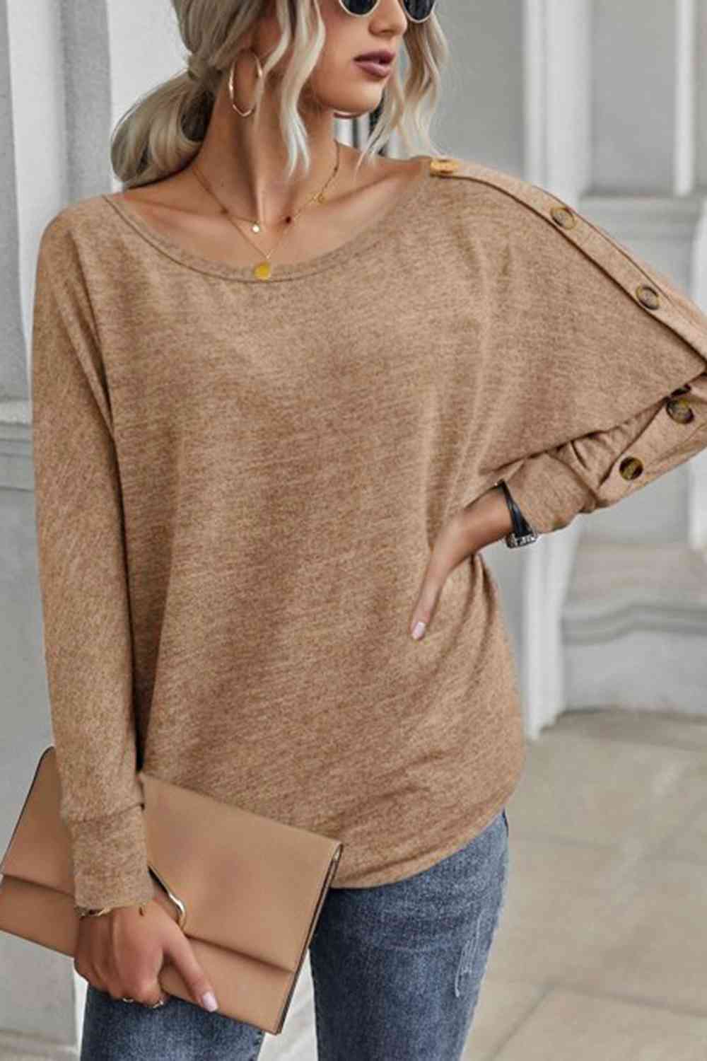 Boat Neck Buttoned Long Sleeve Shirt