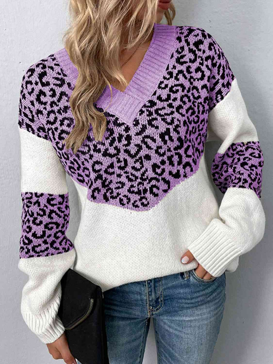 Leopard V Neck Dropped Shoulder Sweater