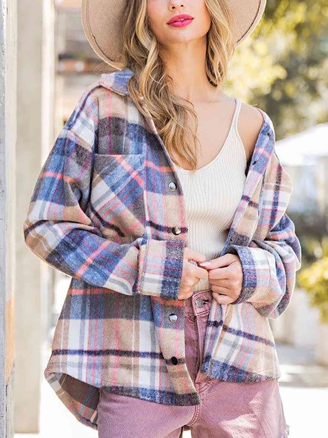 Snap Up Plaid Collared Neck Jacket