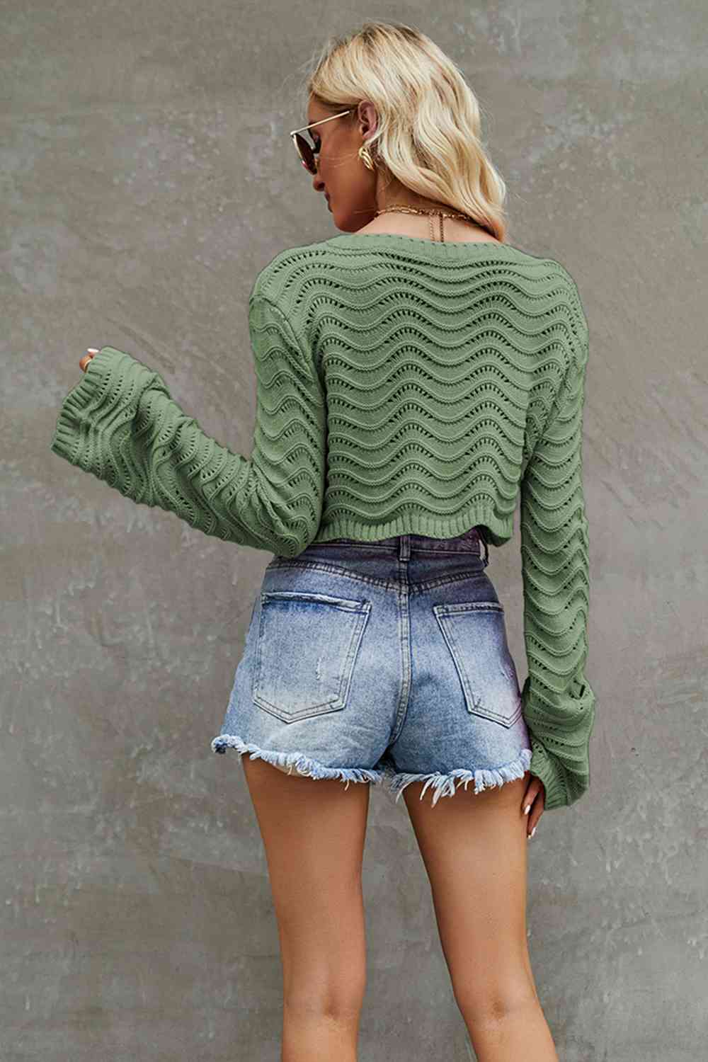 Wavy Long Sleeve Cropped Sweater
