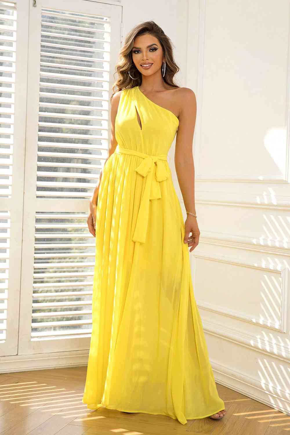 Yellow One Shoulder Tie Waist Dress