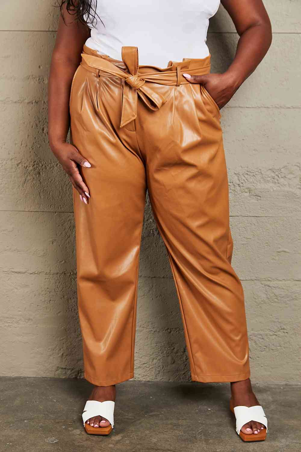 Ochre Faux Leather Paperbag Waist Pants