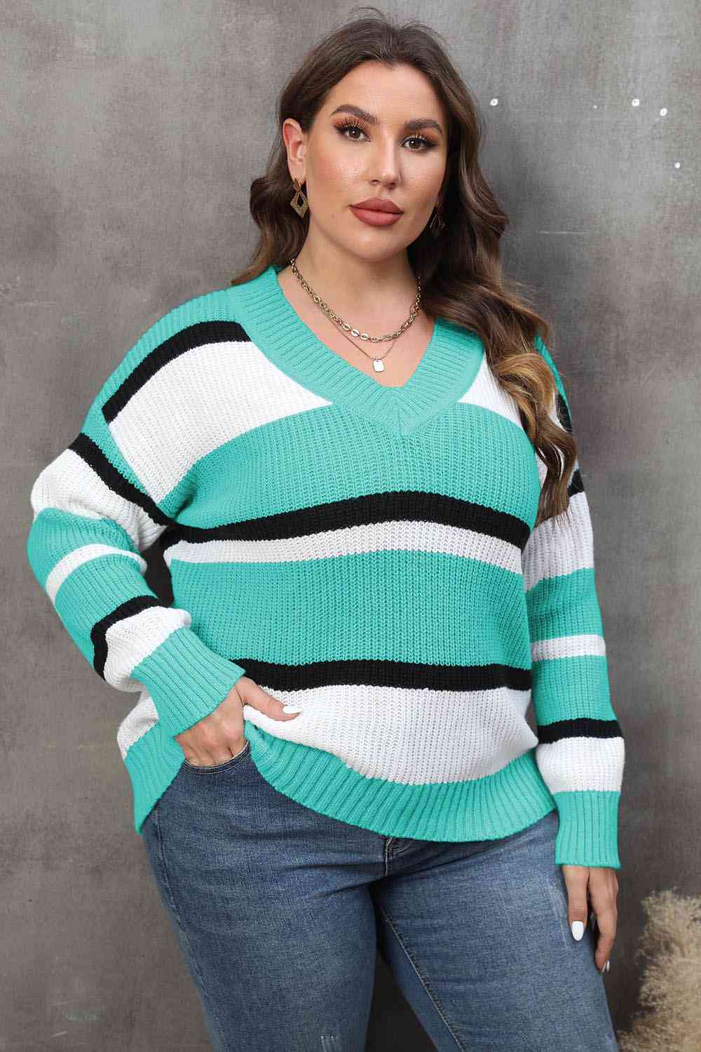 Plus Size Stripe Dropped Shoulder Sweater