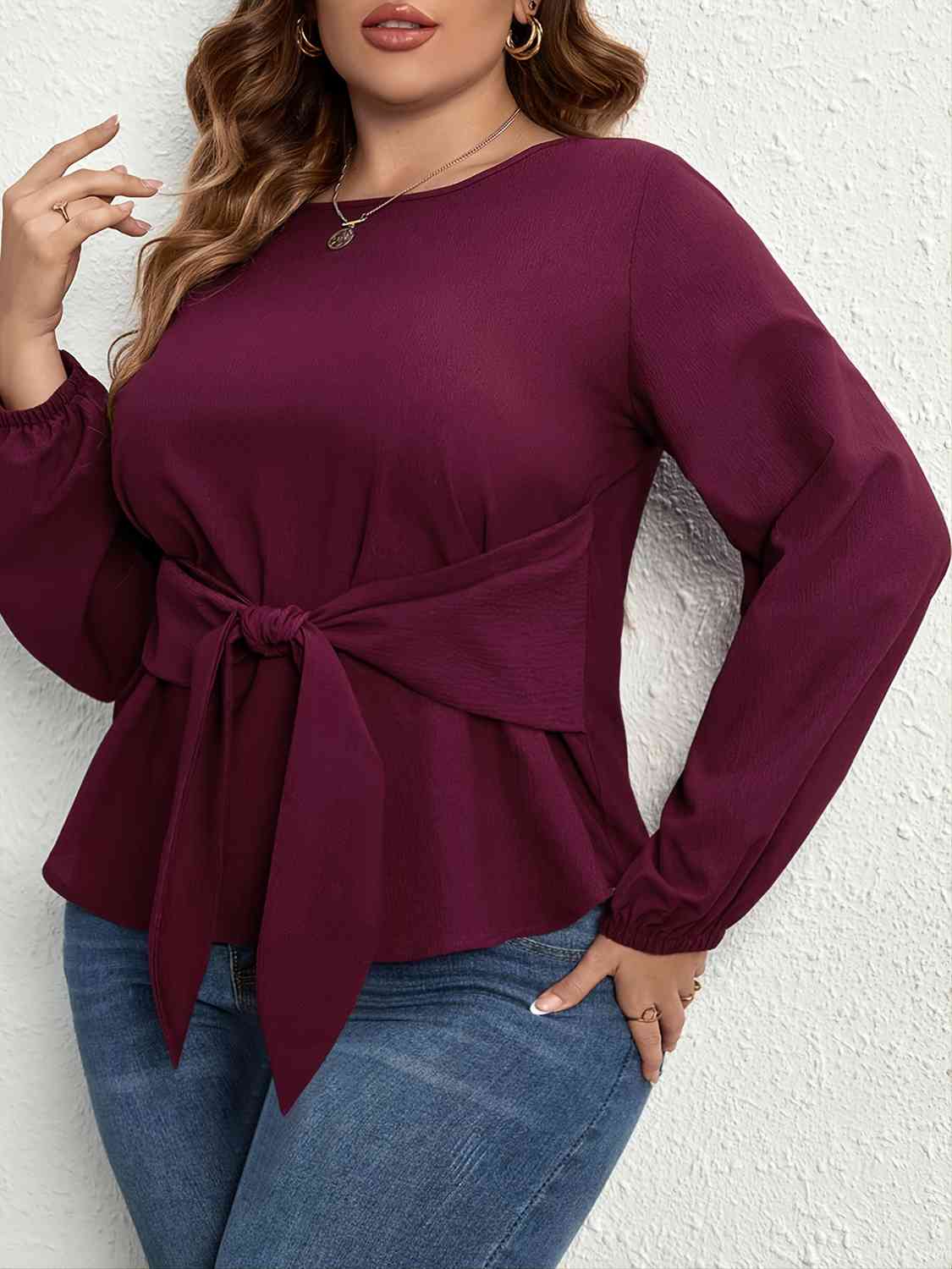 Plus Size Tie Front Long Sleeve Shirt