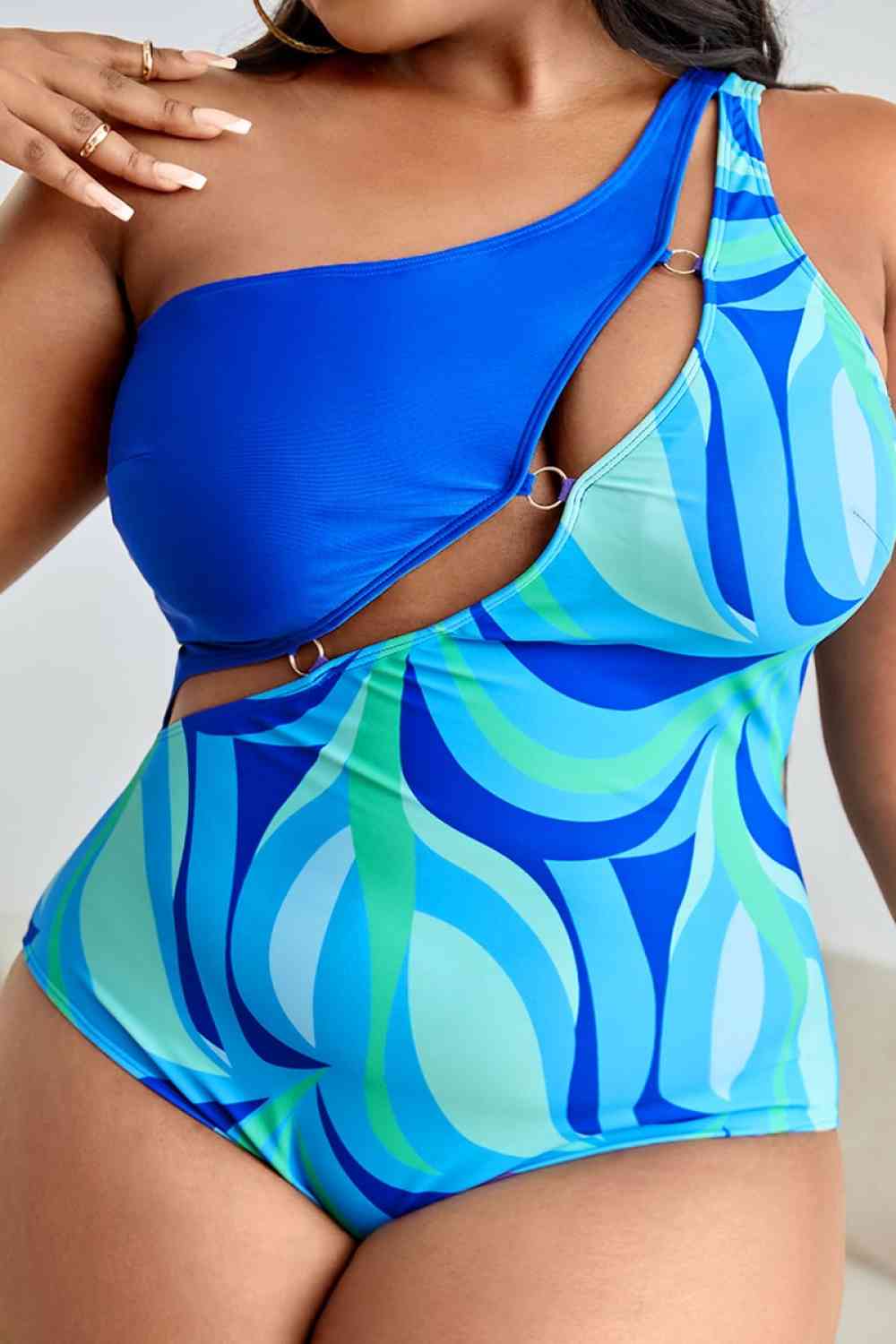 Plus Size Printed Ring Detail One Shoulder One Piece Swimsuit