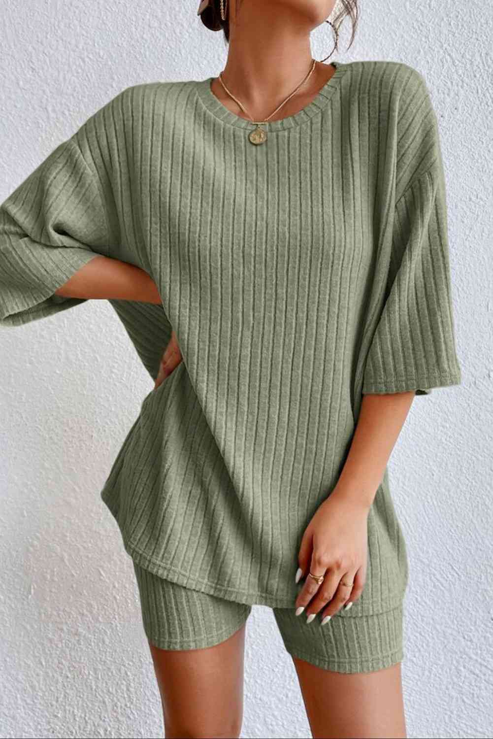 Round Neck Ribbed Top and Shorts Set