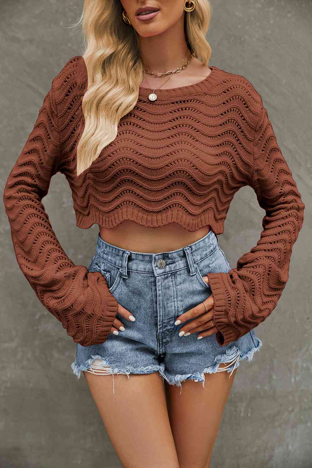 Wavy Long Sleeve Cropped Sweater